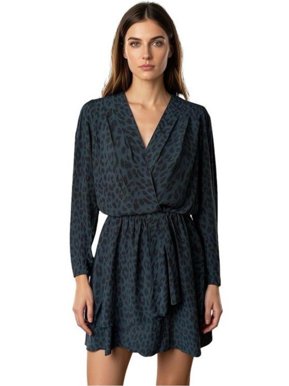 NWT Zadig & Voltaire Dark Teal Animal Print Mini Silk Dress size large
